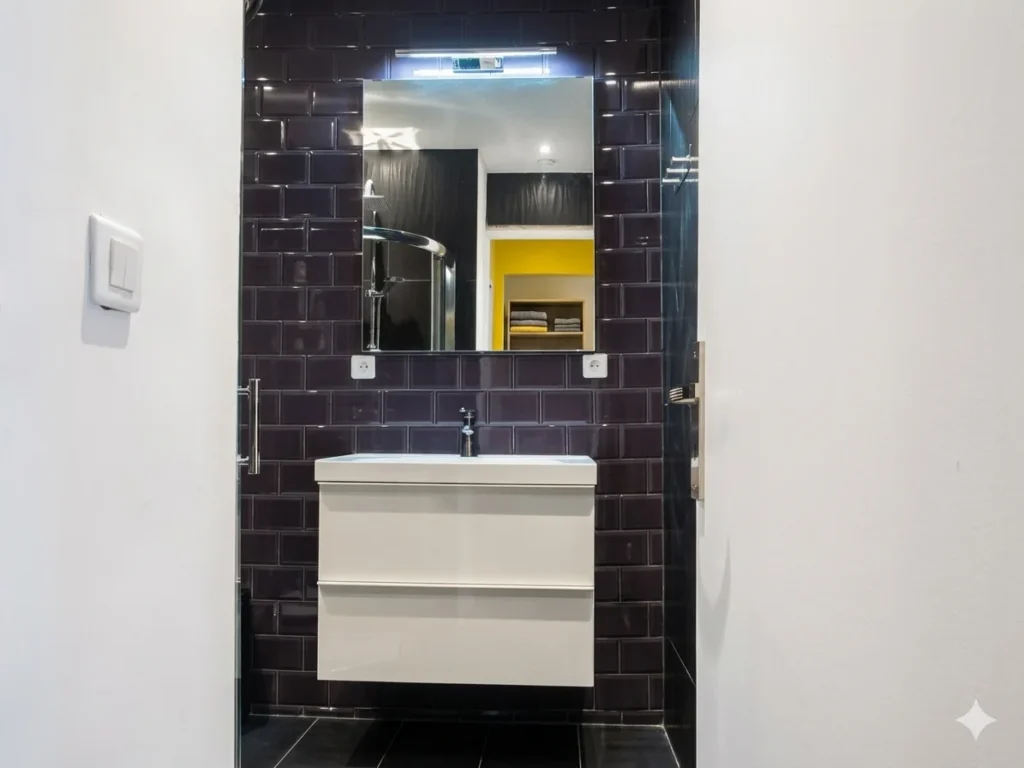 Salle de bain avec vasque et carrelage aubergine – Appartement Plain-Pied, Carré d'Or Nice