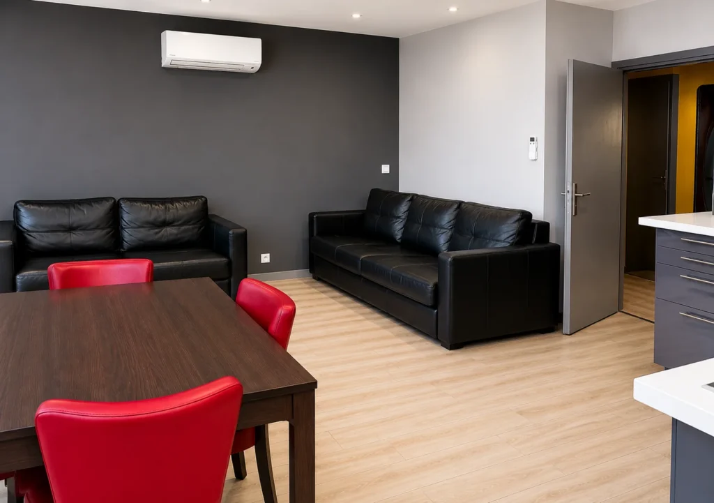 Salon avec deux canapés en cuir noir et climatisation – Appartement Plain-Pied, Carré d'Or Nice