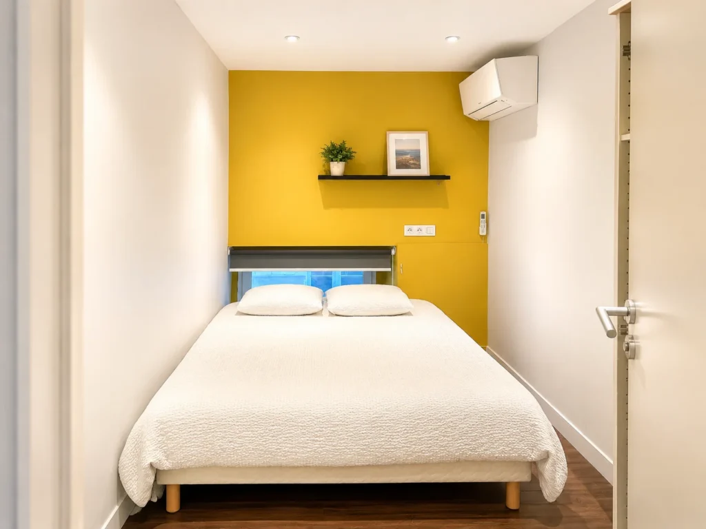 Chambre avec mur jaune, climatisation et penderie – Grand Loft 3 Espaces, Carré d'Or Nice