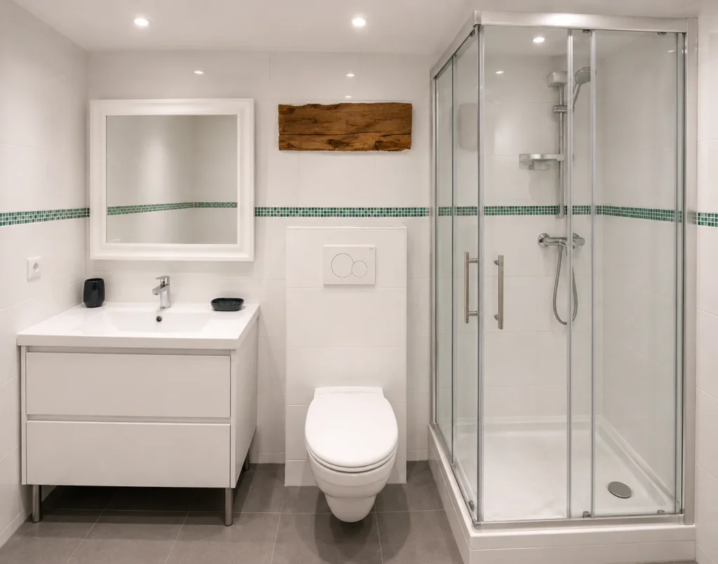 Salle de bain avec douche à l'italienne et décoration bois – Loft Confort, Carré d'Or Nice