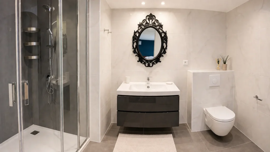 Salle de bain avec miroir baroque et douche à l'italienne – Studio Cosy, Carré d'Or Nice