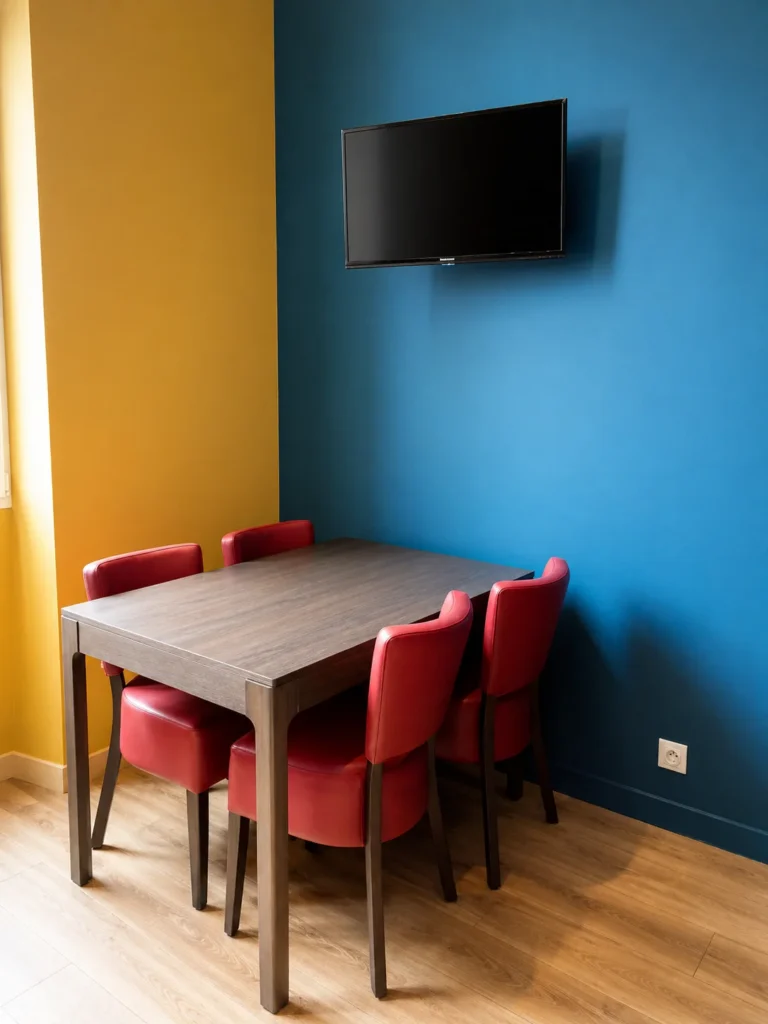 Coin repas avec chaises rouges et télévision murale – Studio Design, Carré d'Or Nice