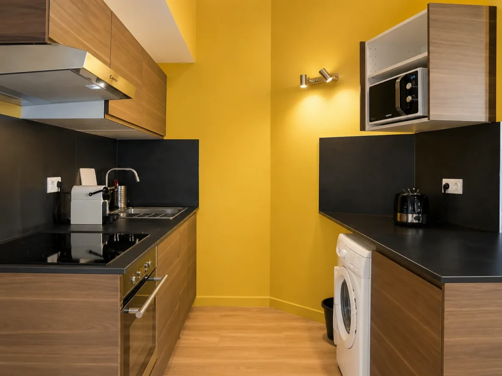 Cuisine avec lave-linge et micro-ondes intégrés – Studio Design, Carré d'Or Nice