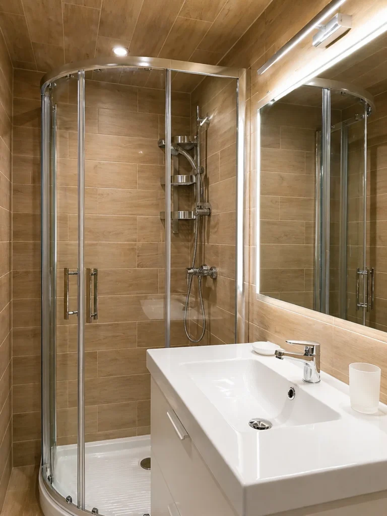 Douche à l'italienne avec carrelage imitation bois – Studio Design, Carré d'Or Nice