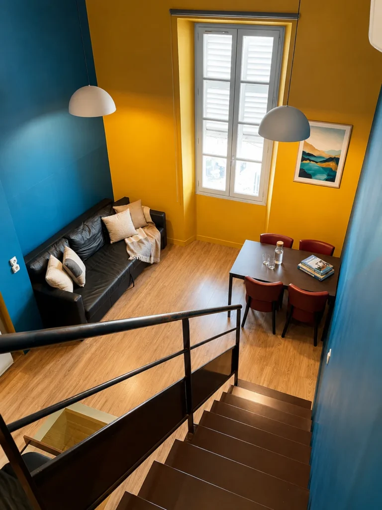 View from the mezzanine over the living and dining area – Studio Design, Carré d'Or Nice