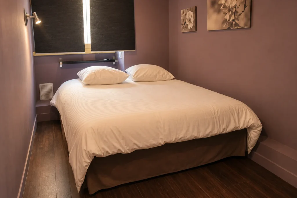 Chambre avec décoration florale et volets fermés – Suite Familiale, Carré d'Or Nice