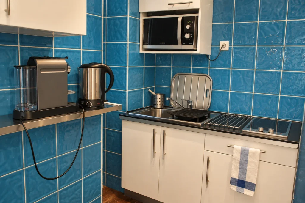 Cuisine équipée avec carrelage bleu, plaque de cuisson et micro-ondes – Suite Familiale, Carré d'Or Nice